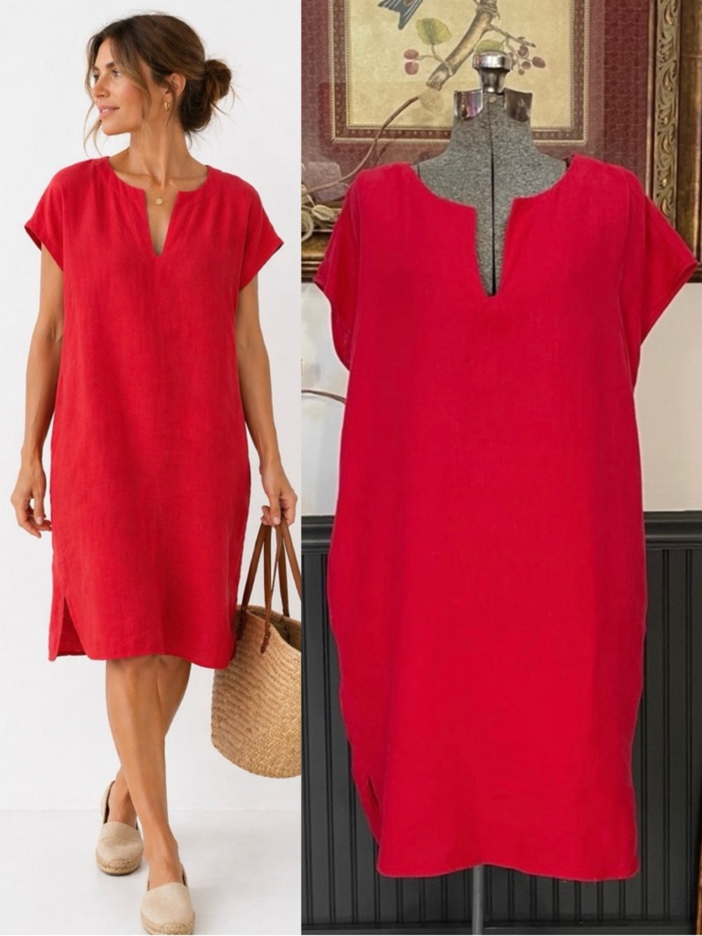 Monoprix Femme Paris Linen Cherry Red Lagenlook Shift Dress Pockets~40 US 10💚🎀
